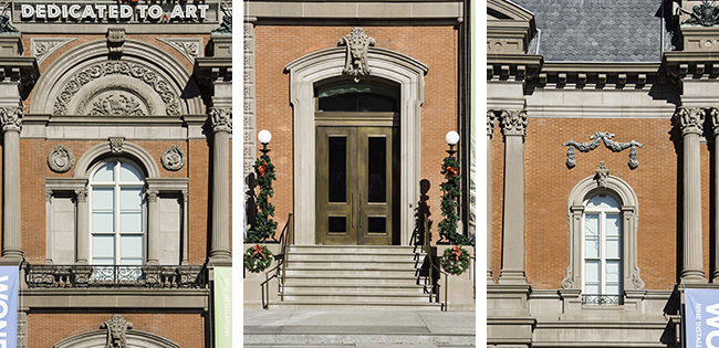 3 side by side photos of the exterior façade details after renovation of the Renwick Gallery, Smithsonian American Art Museum: left: detailed arch above arched window with balcony, medallion details, flanked with columns, center: entrance with details around the tall wood doors, right: small arched window with swag detail above and flanked by columns